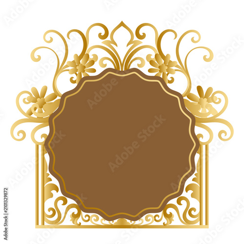 Circular frame with abstract vintage line design, classic gold elements, and flowers.