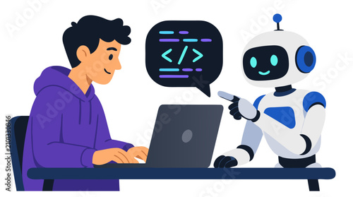 Programmer Working with AI Robot Assistant Writing Code on Laptop, Futuristic Technology Concept, Developer Coding with Artificial Intelligence, Modern Digital Workspace, Flat Vector Illustration