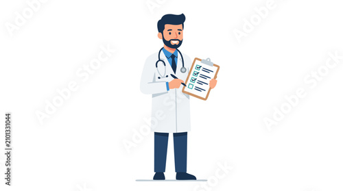 Professional Smiling Male Doctor in White Coat with Stethoscope Around Neck Holding Medical Checklist Clipboard, Healthcare Worker Character, Medical Examination and Diagnosis Flat Vector Illustration