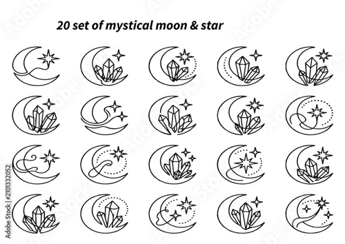 Set of mystical moon and star icons. Celestial line art symbols with crystals and magic.