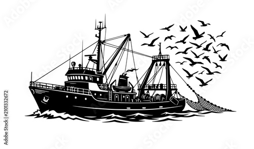 Obraz na płótnie Deep Sea Commercial Fishing Trawler Vessel Hauling Nets in Open Ocean Waves Surr