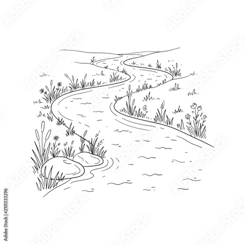 Winding river landscape hand drawn line art illustration
