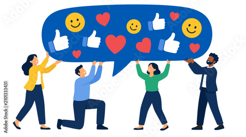 Diverse Business Team Holding Giant Speech Bubble with Social Media Icons, Hearts, Thumbs Up and Smiley Faces Representing Customer Satisfaction, Positive Reviews and Digital Marketing Success