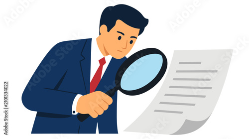 Flat Vector Illustration of a Professional Businessman in a Navy Blue Suit and Red Tie Holding a Large Magnifying Glass to Closely Inspect a Business Document, Ideal for Audit, Due Diligence,