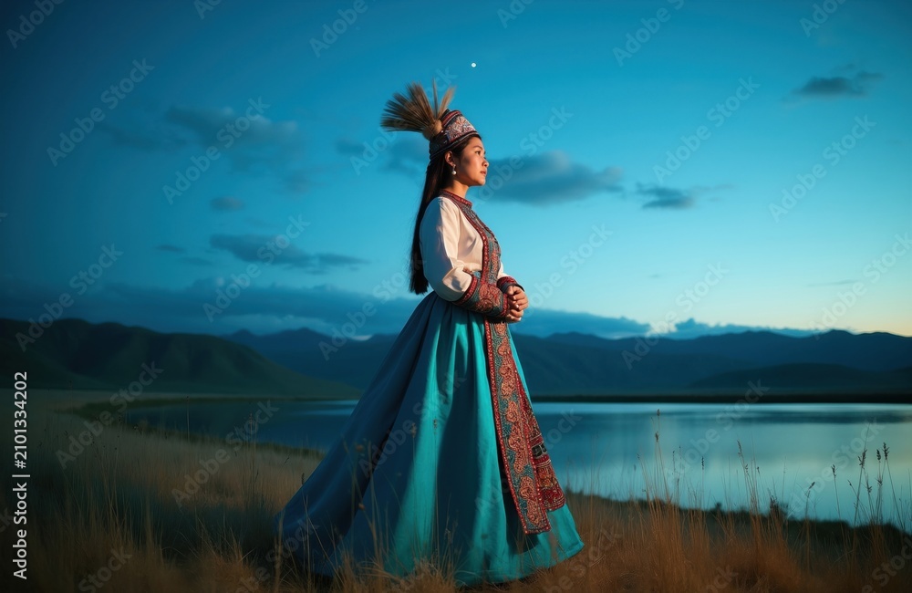 Fototapeta premium Young Mongolian girl in traditional dress stands by lake at dusk. Woman wears ornate headdress and embroidered blue skirt. Landscape features hills, water, and sky.