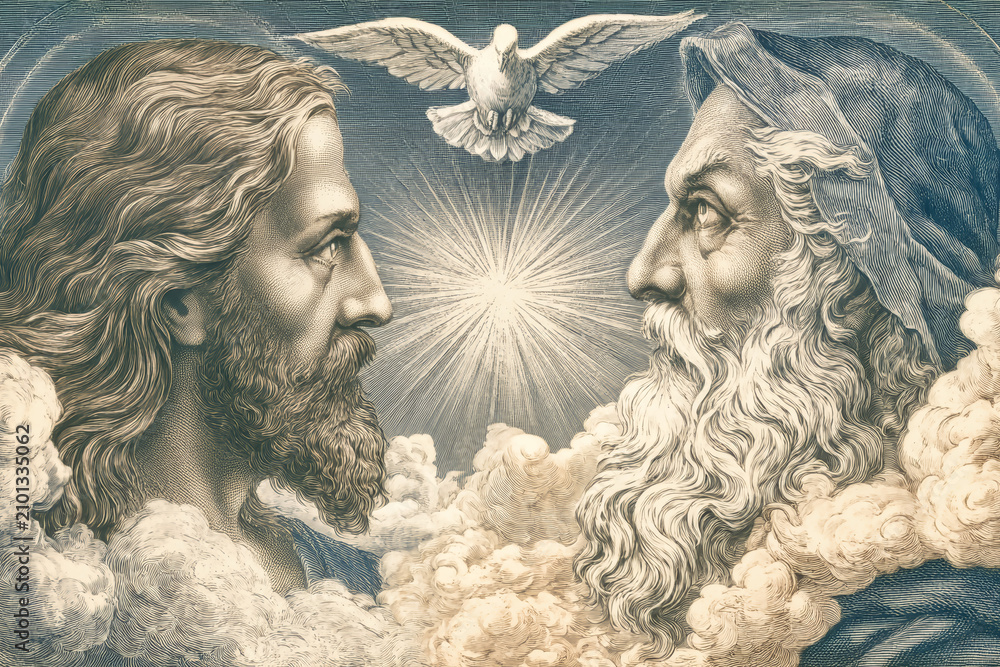 Obraz premium Jesus and God the Father are depicted in profile facing each other. A dove hovers above with light rays shining. Cloud cover enhances the scene of the Holy Trinity