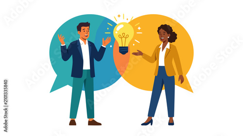 Two Diverse Business Professionals Standing Inside Colorful Overlapping Speech Bubbles Gesturing Enthusiastically While Discussing Innovative Ideas with Glowing Lightbulb Between Them Vector