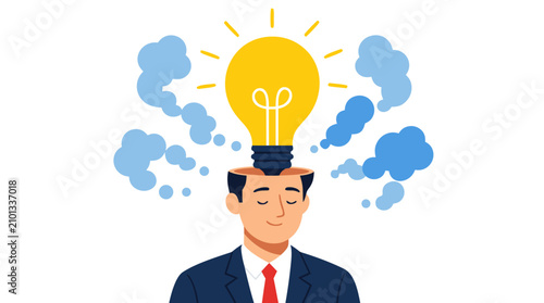 Businessman with glowing lightbulb idea metaphor, creative innovation concept, entrepreneur thinking, bright inspiration, professional corporate imagination for business success and creativity