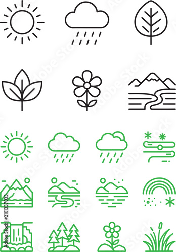 Nature and weather vector line icons set featuring sun rain cloud leaf flower mountains and trees for environmental design