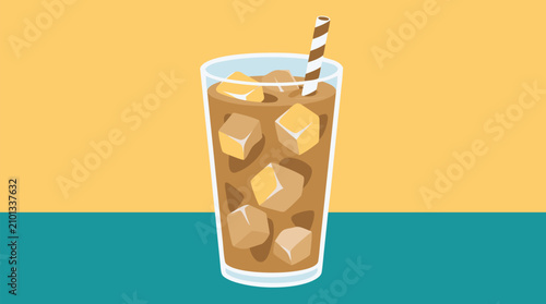 A refreshing iced coffee in a tall glass filled with ice cubes and a striped paper straw, set against a split yellow and teal background, flat vector illustration style suitable for summer menus.