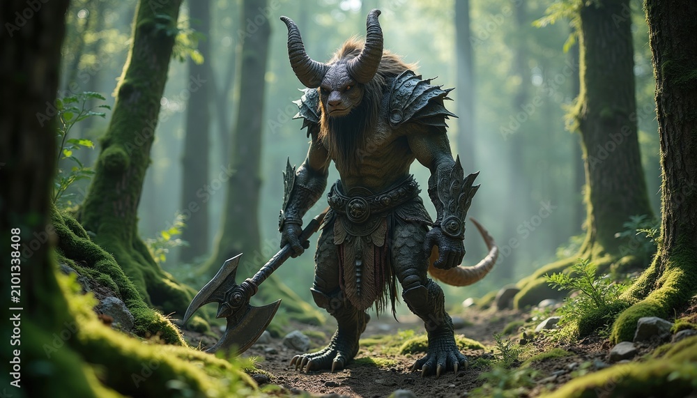 Obraz premium Powerful horned beast stands in dark misty forest clearing. Mythical monster holds metal battle axe wearing armor. Fantasy warrior guardian waits in ancient woodland surrounded by mossy trees.