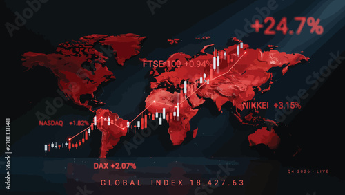 Global Stock Market Growth with Red World Map and Financial Charts