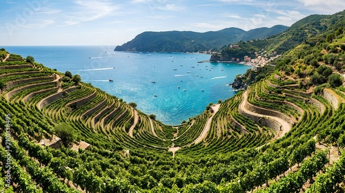 Terraced green vineyards curve above a turquoise coastal bay with boats, mountains, and a seaside village, ideal for Mediterranean travel and wine tourism promotion.