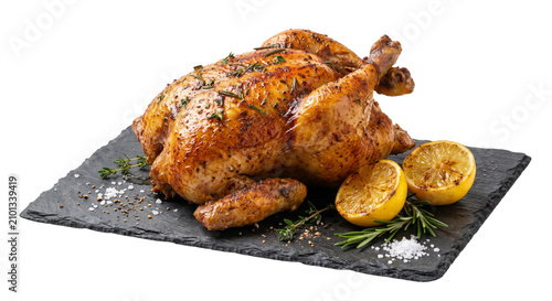 Foto Delicious roasted chicken with herbs and lemon served on a slate plate