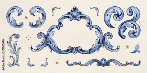 Set of blue and gold ornate rococo style decorative elements