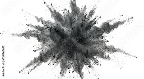 Photography Dynamic black powder explosion captured mid-air against a stark white background
