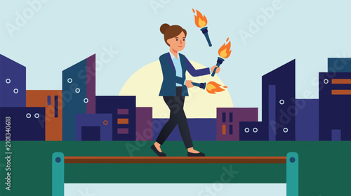 Focused businesswoman skillfully juggling burning torches while walking narrow balance beam at sunset symbolizing multitasking work life balance and professional risk management