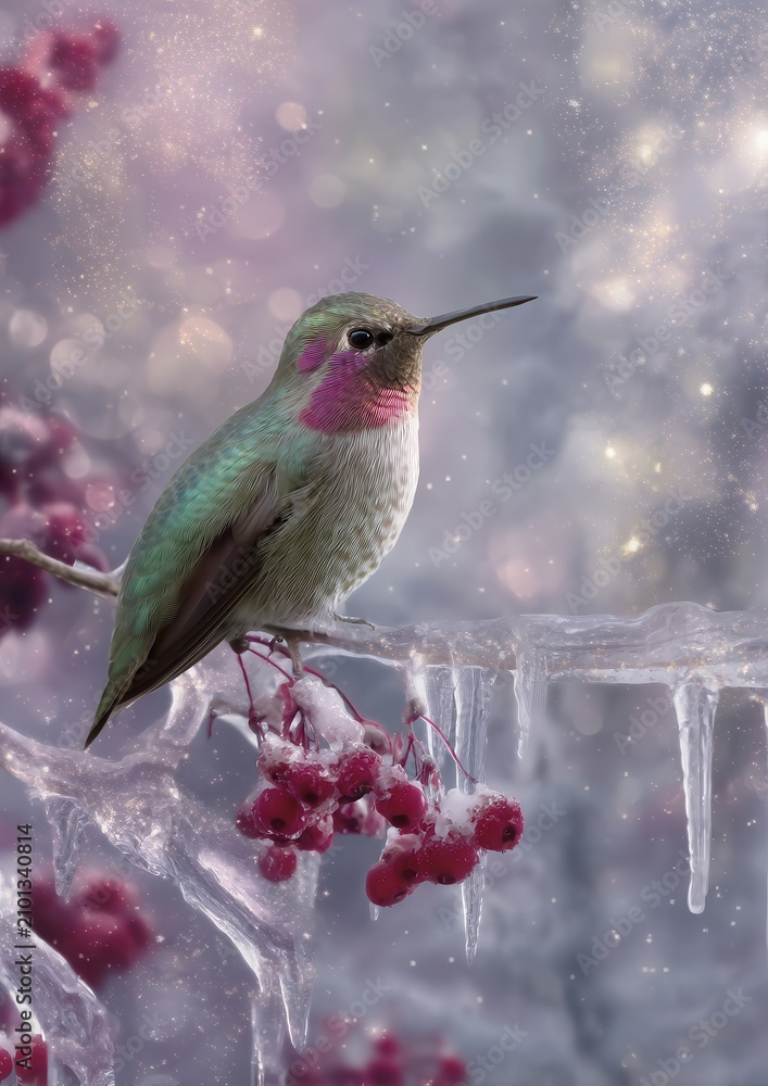 Fototapeta premium Hummingbird perched on icy branch with berries