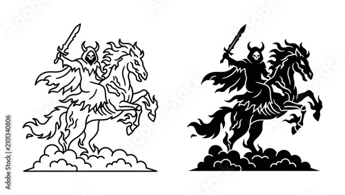 Obraz na płótnie Grim Rider: A silhouetted figure of death, adorned with horns and a cape, rides a powerful horse with sword raised, emerging from mist