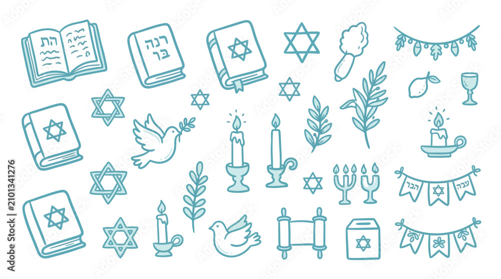 Fototapeta premium Collection of Jewish symbols and objects, including Torah scrolls, Star of David, menorah, candles, dove, and prayer books.