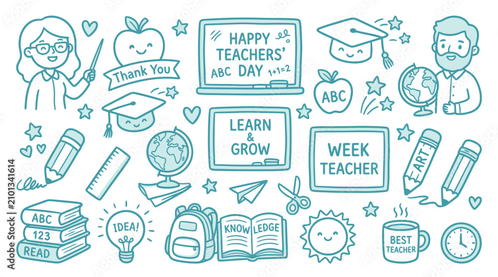Fototapeta premium Collection of hand-drawn illustrations celebrating teachers and education, perfect for school-related designs.