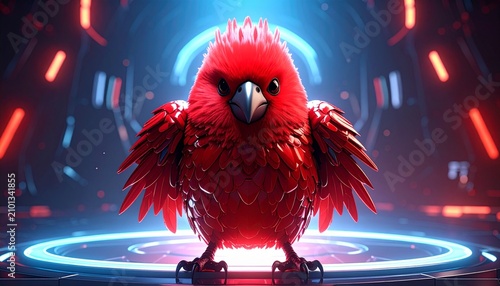 Mechanical red cardinal bird standing on glowing circular platform in digital space with cardinal mechanical technology