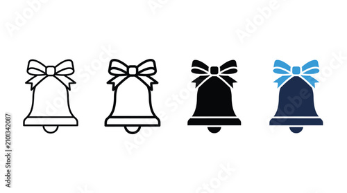 Celebration Bell Icon Set with Bow, Outline and Glyph Vector Isolated on White