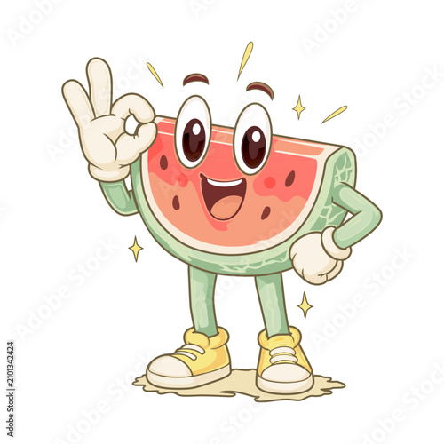Illustration of a cute watermelon sticker full of confidence with the OK hand gesture symbol