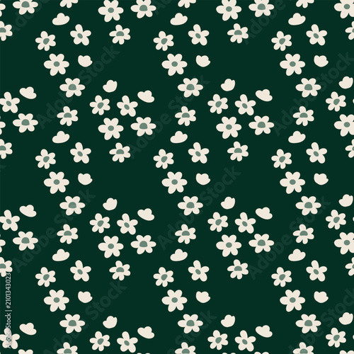 Minimalist seamless vector pattern with simple white flowers on a dark green background. Symmetrical ditsy floral motif for Scandinavian wallpaper, retro textile, and fabric print.