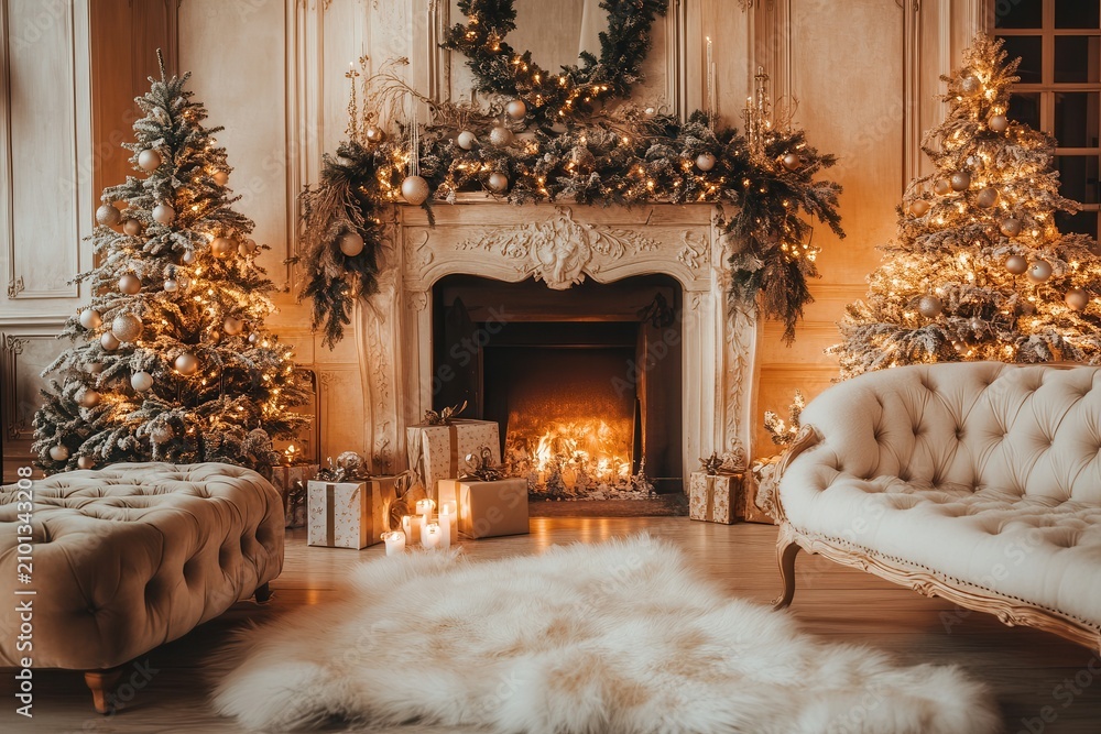 Obraz premium Christmas trees and fireplace in opulent living room
