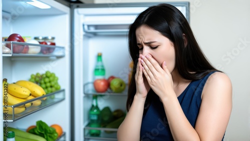 Bad Smell from Refrigerator: A woman pinches her nose in disgust as she opens a refrigerator filled with fresh fruits and vegetables, hinting at a spoiled item.