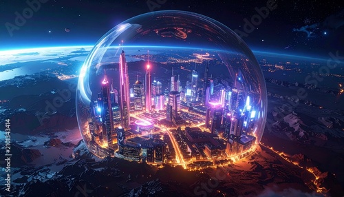Bioluminescent glowing metropolis enclosed in a protective atmospheric dome on a distant planet at night with futuristic