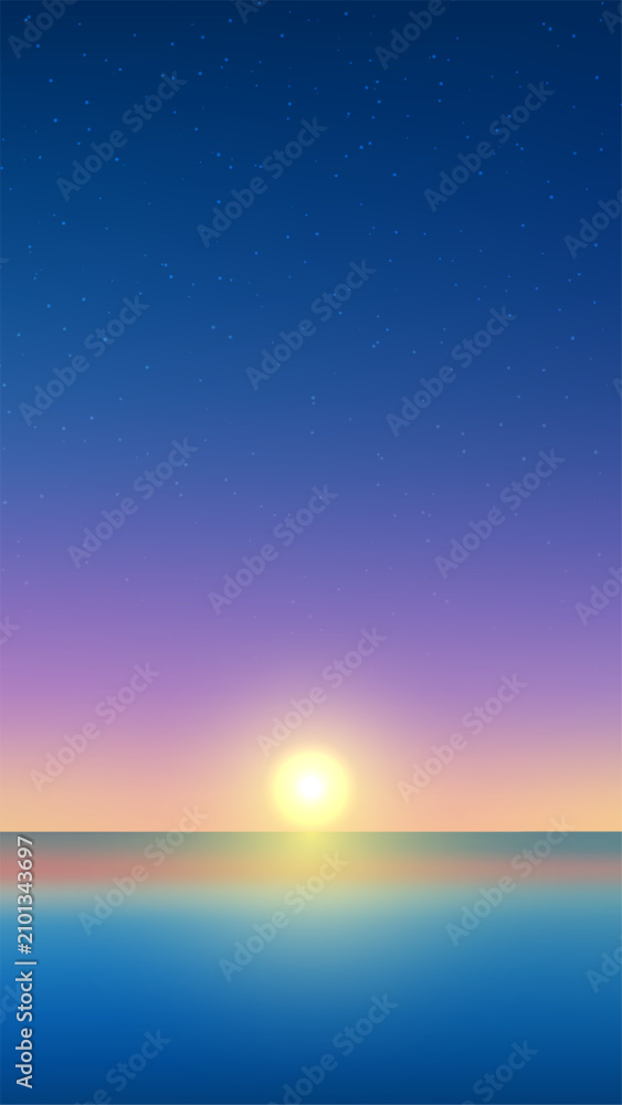 Obraz premium Sunset over ocean background with starry night and gradient sky vector illustration, mobile wallpaper or minimalist summer banner design starting with a beautiful sun on the horizon