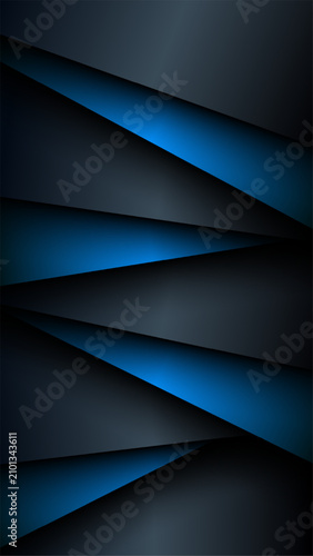 Abstract geometric background with dark blue and black metallic layers featuring modern diagonal design, technology wallpaper banner luxury template with soft gradient shadows