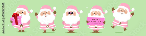 Merry Christmas and happy new year greeting card with cute Santa Claus in pink costume. Holiday cartoon characters set. -Vector