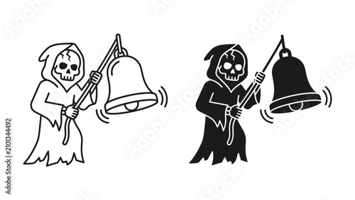 Fotografie Grim Reaper Ringing Bell: Two simple illustrations depict the Grim Reaper, cloaked in black with a skull for a face, holding and ringing a bell