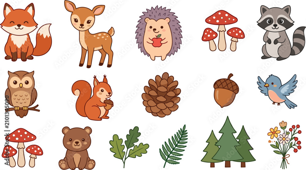 Fototapeta premium Cute Woodland Animals Collection Featuring Fox Deer Hedgehog Raccoon Owl Squirrel Bear Birds Mushrooms Pine Trees and Forest Nature Elements