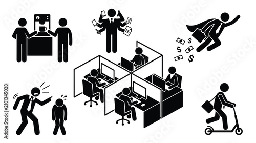 Black and white vector illustration showing various office workers performing different daily professional business activities tasks