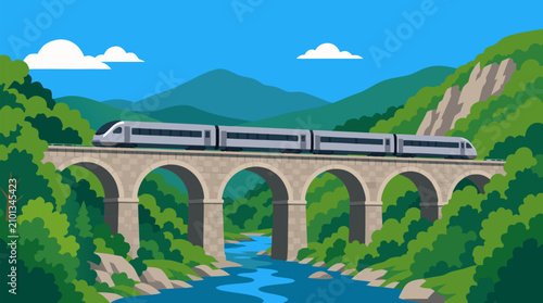 Sleek Silver Modern High-Speed Train Crossing Historic Stone Viaduct Bridge Over Turquoise River in Lush Green Mountain Valley, Scenic Transportation Route Landscape Vector Illustration