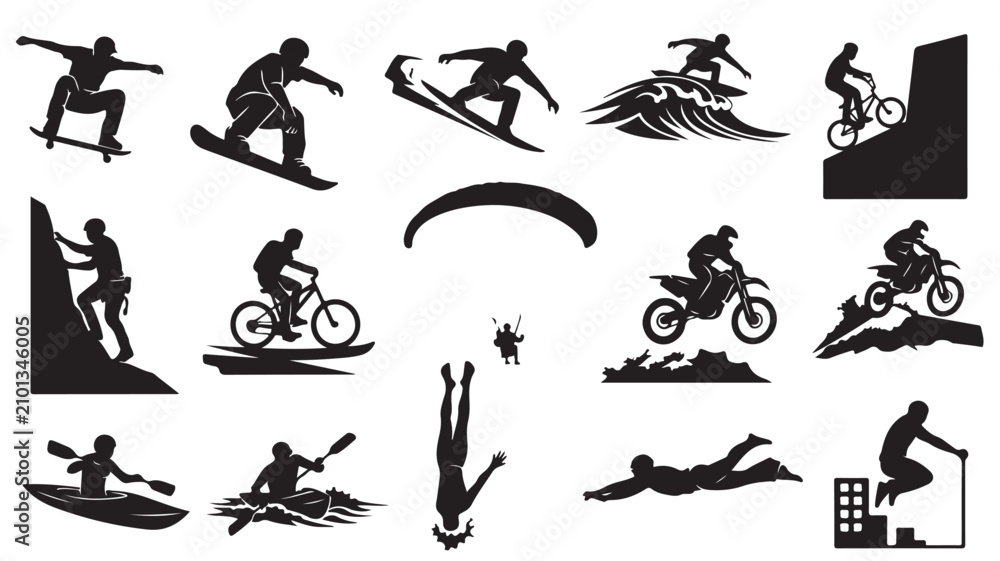 Obraz premium Extreme sports silhouettes collection, 15 black vector icons of outdoor adventure activities, mountain biking and surfing graphics