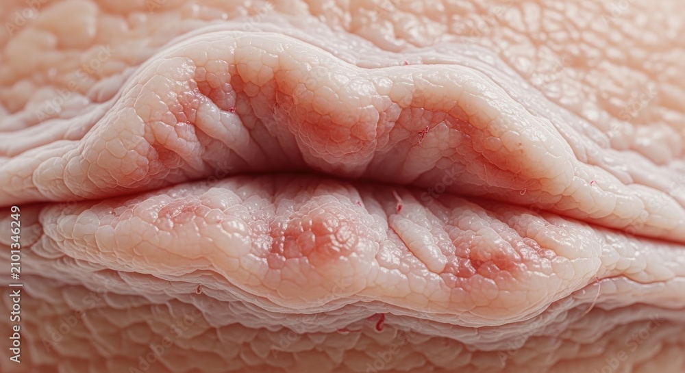 Fototapeta premium Close-up macro view of dry chapped lips with visible texture and peeling skin.
