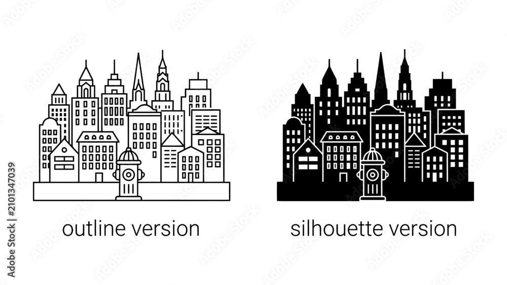Fototapeta premium Cityscape Icons: A graphic representation of a cityscape featuring a collection of buildings and a fire hydrant, presented in both an outline and silhouette version, ideal for design elements.