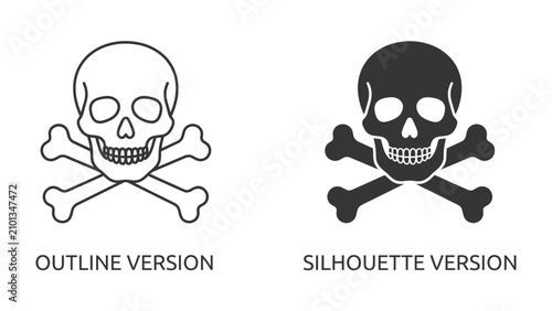 Foto Skull and Crossbones Icons: Two distinct icons of a skull and crossbones, one outlined and the other a solid silhouette, representing danger, warning, or pirates