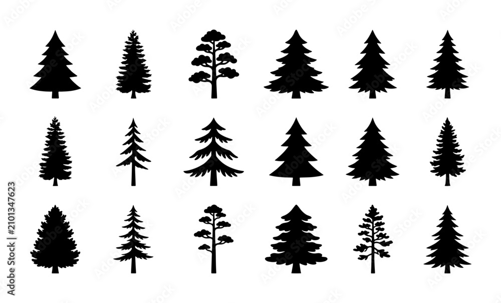 Fototapeta premium Diverse Pine Tree Silhouettes Collection, Evergreen Conifer Vector Icons, Forest Woodland Elements for Nature Design