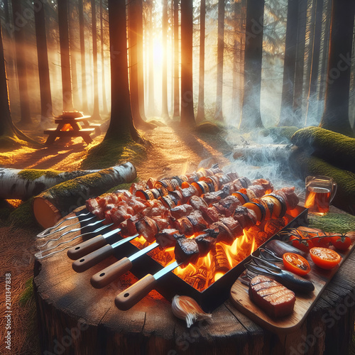 Shish kebab grilling on skewers over open fire on a tree stump in a misty woodland during golden hour