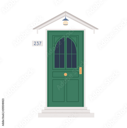 Front door, building entrance with glass window and lamp. Closed home entry, ...