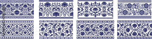 Fotografía Blue chinese floral borders set with lotus flowers and scroll ornaments in classic style