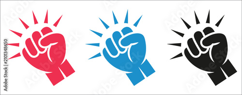 Foto Fist hitting icon with knocking hand gesture, impact lines, outline, red, blue,