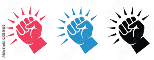 Tableau sur toile Fist hitting icon with knocking hand gesture, impact lines, outline, red, blue,