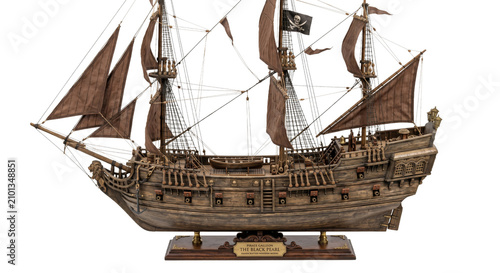 Fotografie Intricate model of the Black Pearl pirate ship with Jolly Roger flag